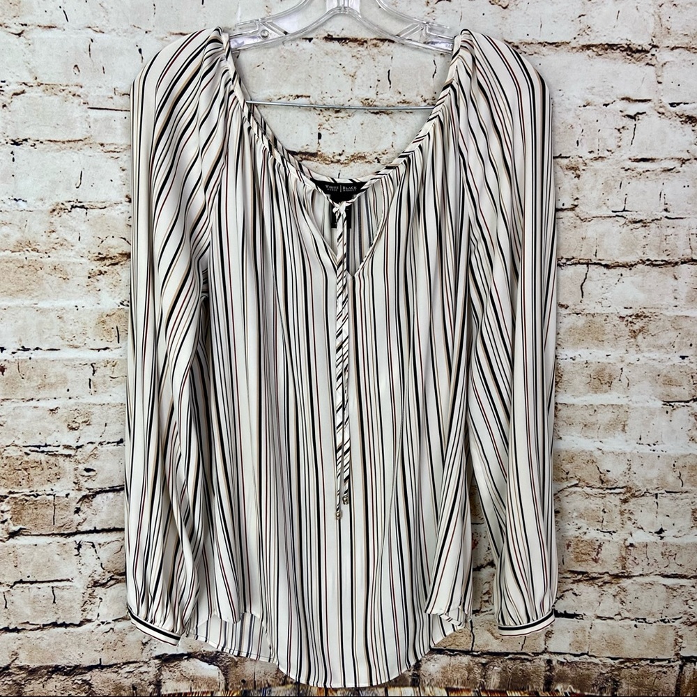WHITE HOUSE BLACK MARKET White Scoop Neck Tie Blouse Cream/Black Stripe